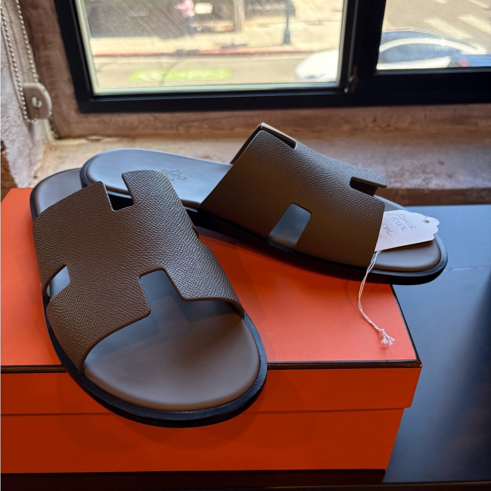 Hermes Dark Brown Leather Slide Sandals